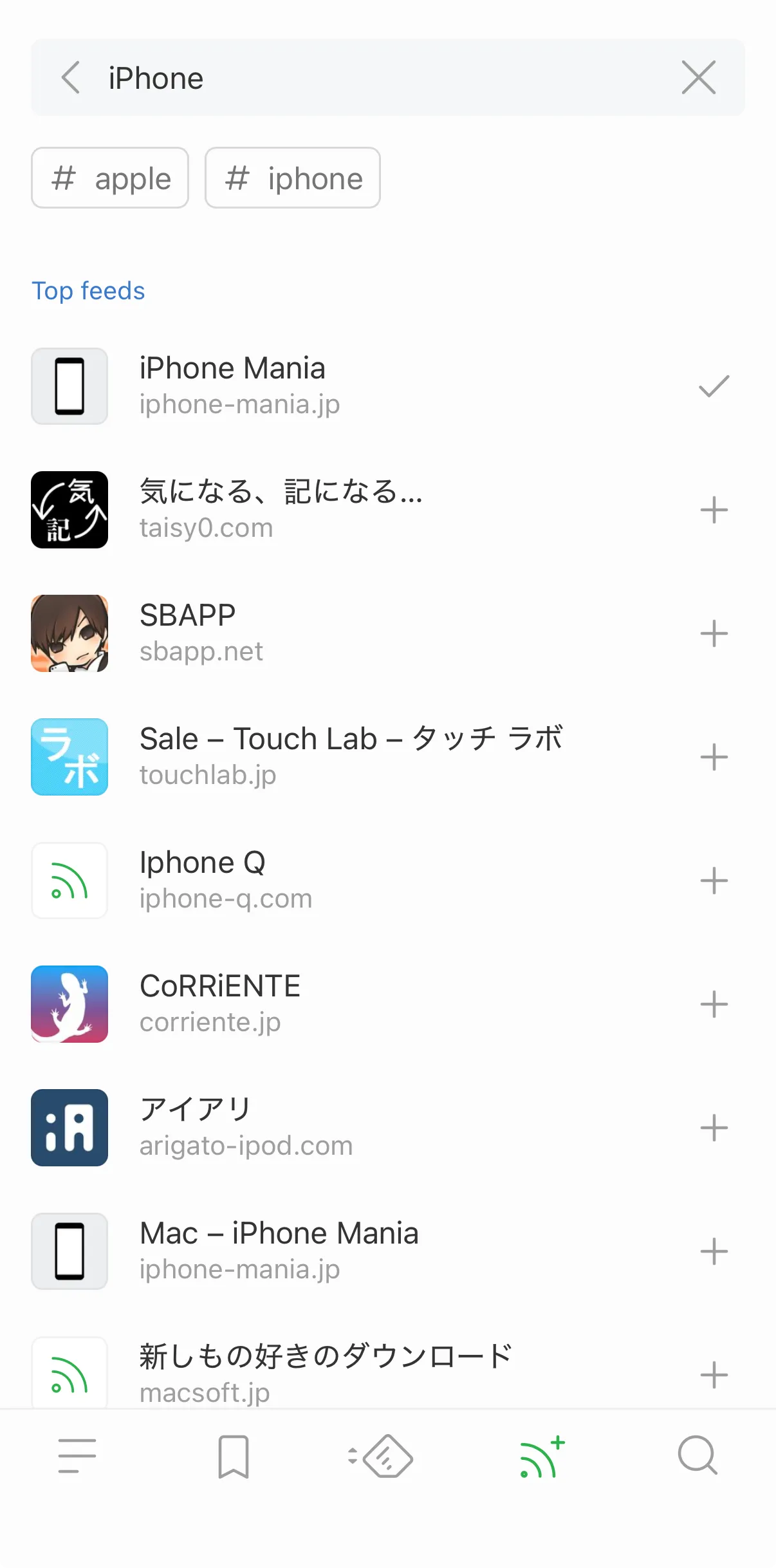 Feedlyでサイトを検索し、＋ボタンで登録する画面