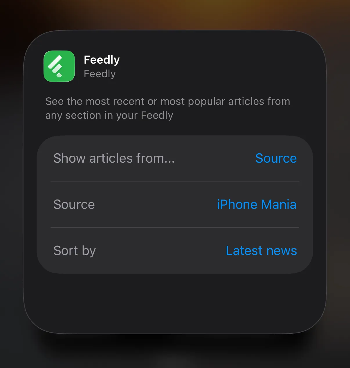Feedlyウィジェットの編集画面（Show articles from・Source・Sort by）